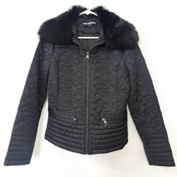 Karl Lagerfeld Jackets & Blazers - Karl Lagerfeld Paris Quilted Jacket Black Faux Fur Collar Zip Up Women’s S